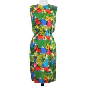 Vintage 1960s Primary Colored Floral Silk Dress Mardi Gras New York Small